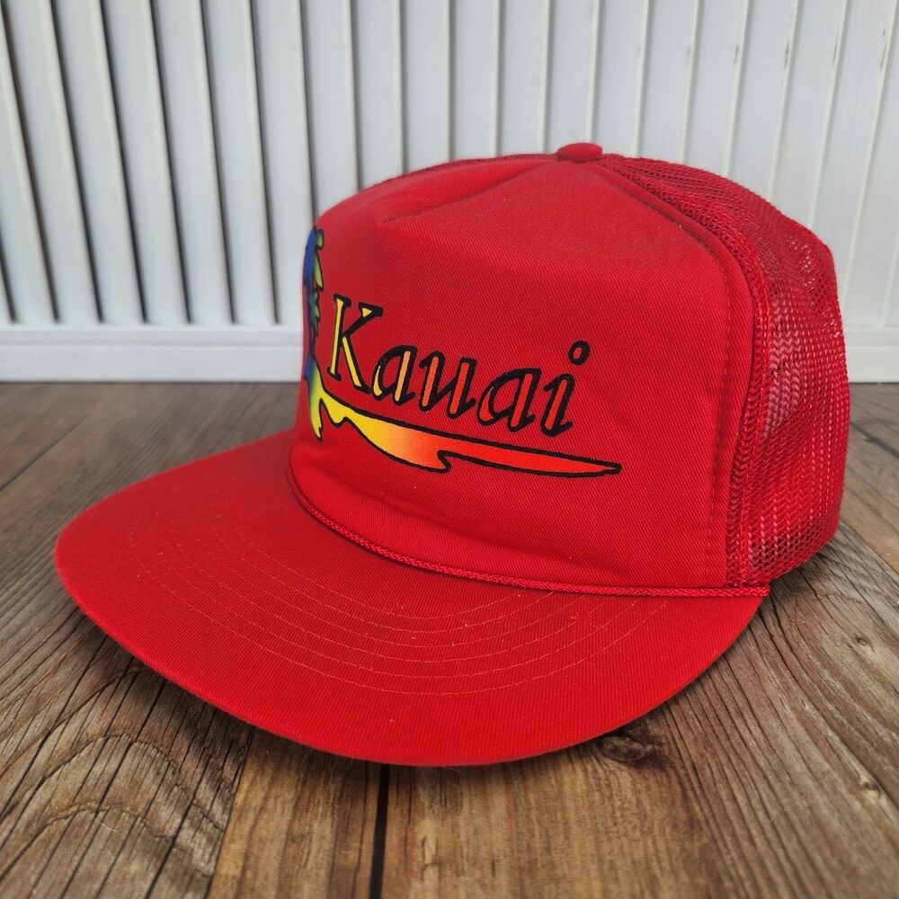 VTG Kauai Hawaiian Headwear Trucker Hat Red Rainbow Wave Snapback Cap USA Made